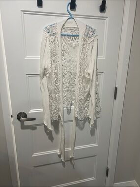 Women's White Crochet Open-Front Cardigan